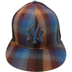 New York Yankees New Era 59FIFTY Fitted Hat 7 1/2 Brown Blue Plaid Ombre MLB Cap